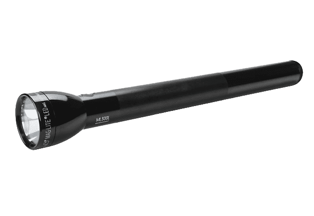 Maglite ML300L LED six-cell D flashlight lying horizontally on a white background