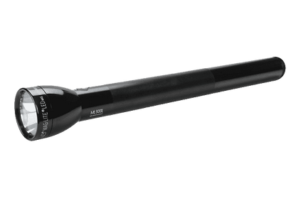 Maglite ML300L LED six-cell D flashlight lying horizontally on a white background