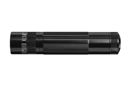 XL50 LED flashlight resting on white and black presentation box with Maglite branding