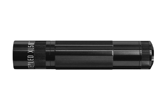 Black XL50 LED tactical flashlight barrel on a green background