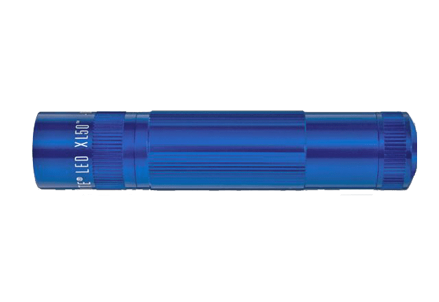 Blue Maglite XL50 3-Cell AAA LED flashlight laid horizontally on a green background