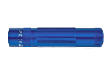Blue Maglite XL50 3-Cell AAA LED flashlight laid horizontally on a green background