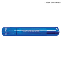 Blue Solitaire LED key chain flashlight with laser engraving area showing YOUR DESIGN HERE.