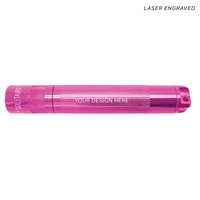 Pink laser engraved Solitaire LED key chain flashlight with Your Design Here placeholder.