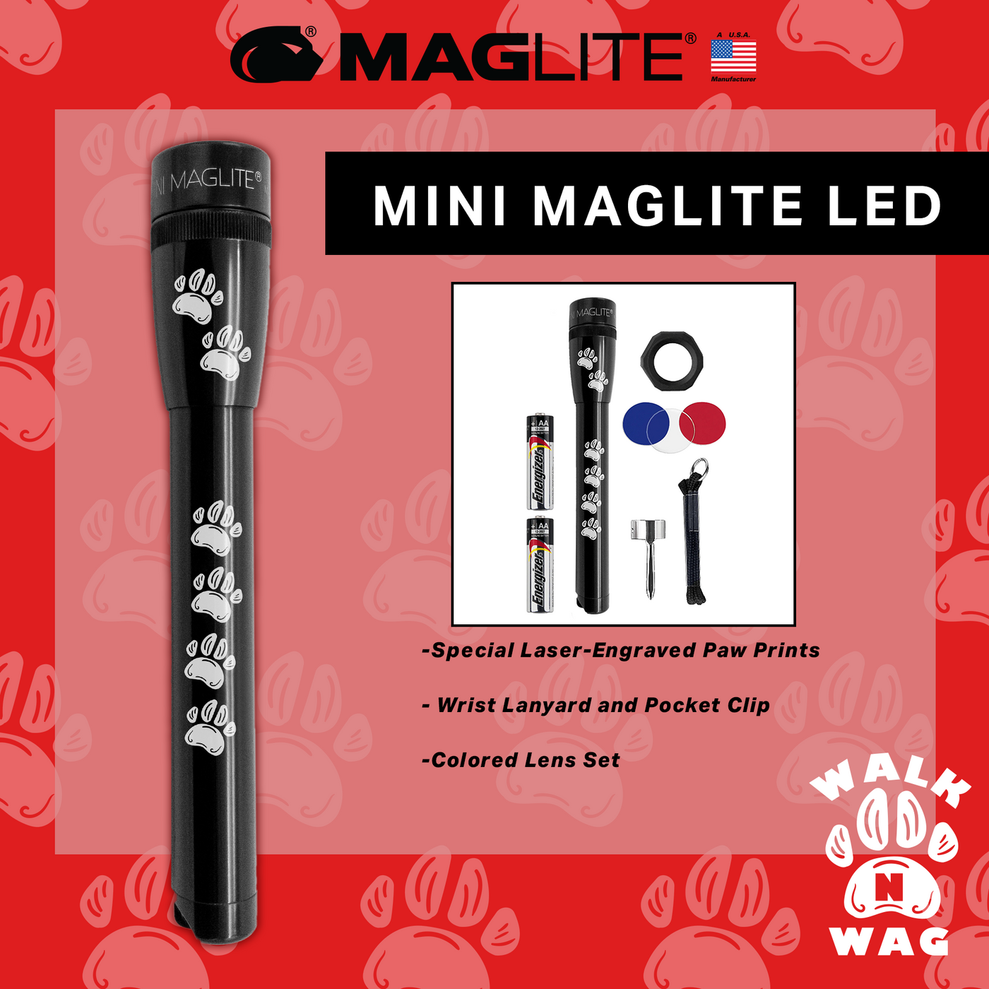 MiniMag 2AA Cell Black LED Flashlight, Walk N Wag