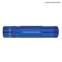 Blue XL50 LED flashlight mockup with a blank engraving area labeled Your Design Here